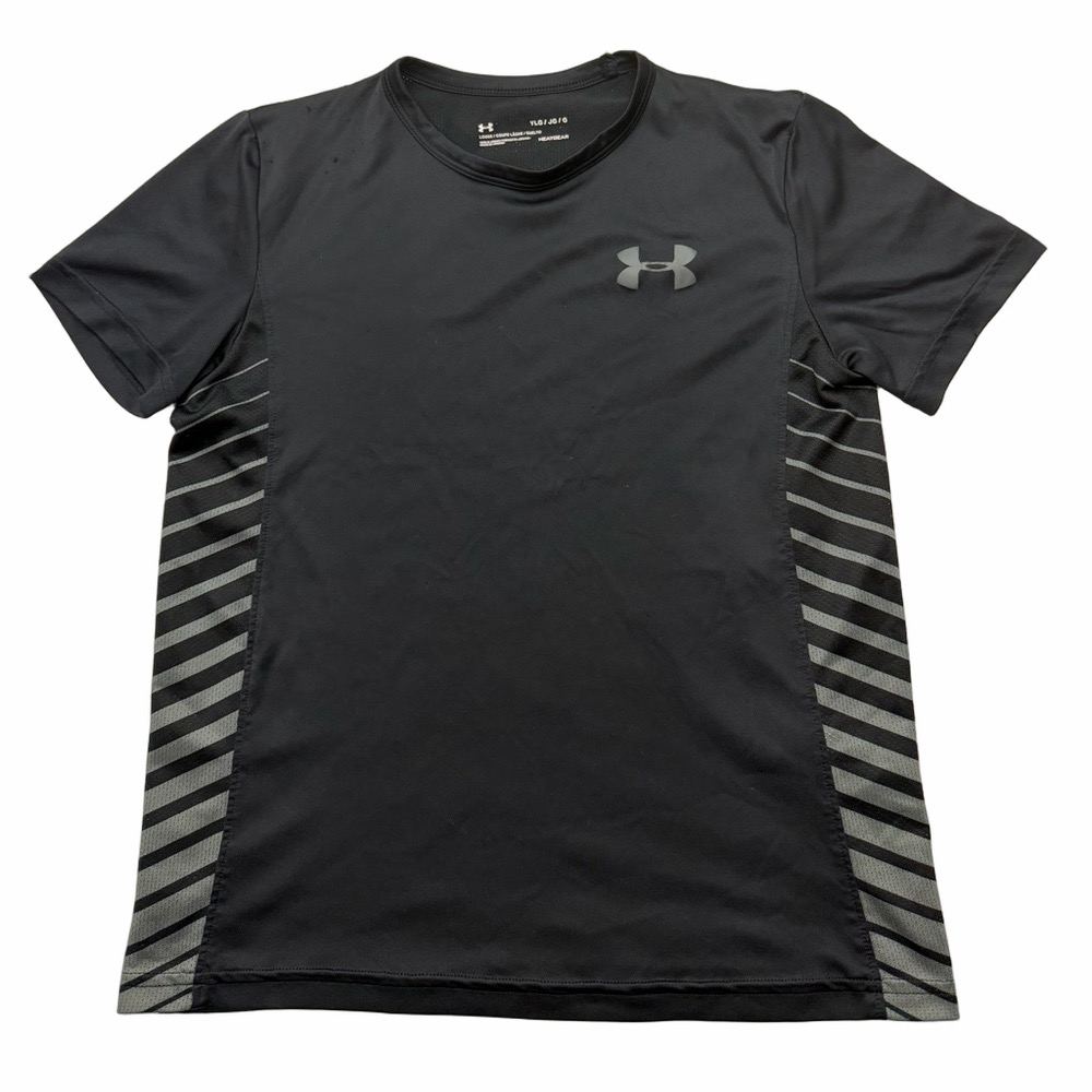 Under Armour Black Athletic Tee Gray Stripe Panels Loose Heatgear Youth Large